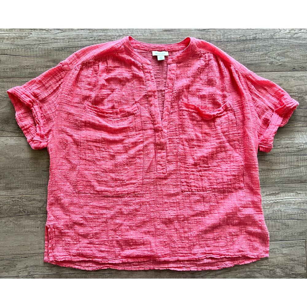 Sundance Catalog Gauze V-Neck Crinkle Pockets Cotton Blend Medium Coral Pink - Picture 3 of 5